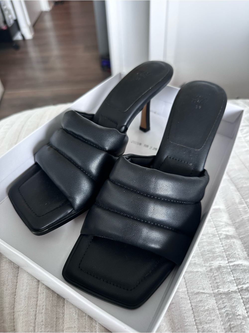 H&M Black Padded Square-Toe Stiletto Mules